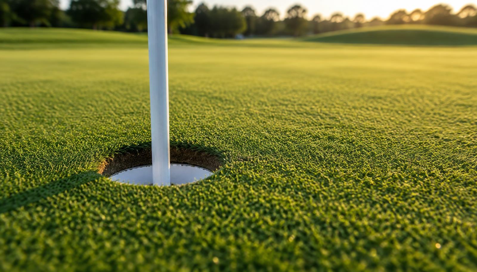 Flagstick in the hole on a putting green at golden hour